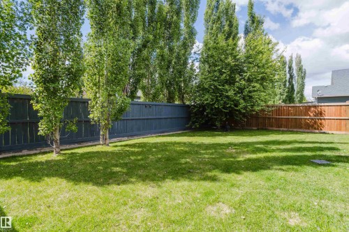 Expansive lawn area featuring a dark-stained privacy fence, natural wood fencing, and mature trees - 5206 Cercle Ciel Crescent, Beaumont, AB 