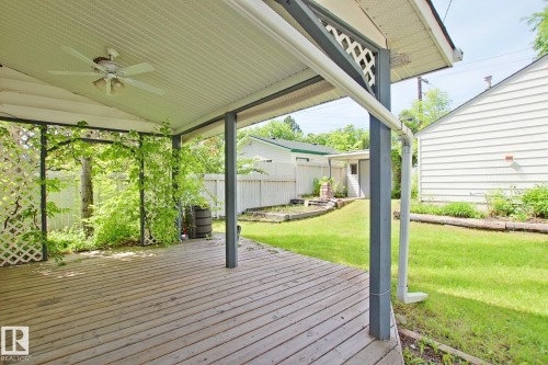 Covered outdoor deck with a white ceiling fan and integrated lighting, featuring a wood-plank surface and white lattice accents with climbing greenery - 11242 56 Street, Edmonton, AB 