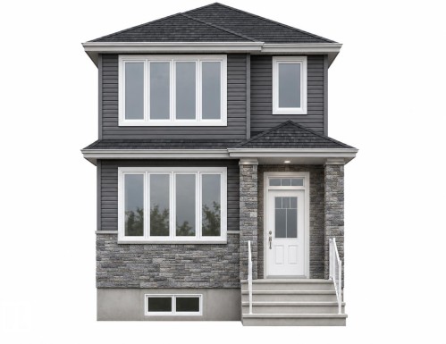 Contemporary two-story residence featuring a dark gray siding and stone veneer facade - 510 Robinson Boulevard, Leduc, AB 