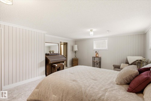 Carpeted interior space featuring light-colored vertical paneling, crown molding, and a white ceiling - 9747 67 Avenue, Edmonton, AB 