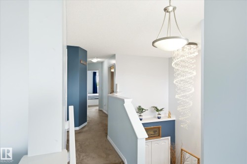 Upper-level hallway with carpeted flooring and light blue walls - 1744 61 Street, Edmonton, AB 