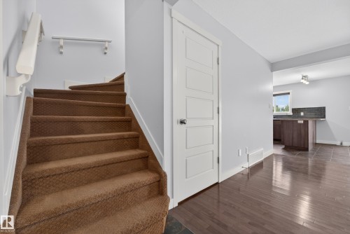 Carpeted staircase with white handrail and baseboards, contrasting with dark wood-finish flooring - 5244 1A Avenue, Edmonton, AB 