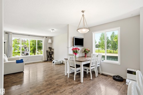 Open-concept living and dining areas featuring wood-finish flooring, abundant natural light from multiple windows, and a classic chandelier in the dining space - 21384 88 Avenue, Edmonton, AB 