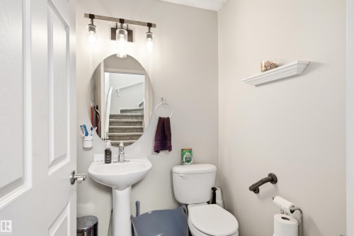 Pedestal sink with chrome faucet, oval mirror, and a three-light vanity fixture - 21384 88 Avenue, Edmonton, AB 