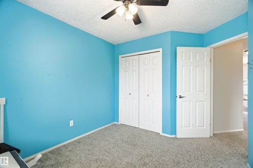 Spacious room featuring broadloom carpet, a ceiling fan, and bi-fold closet doors - 21384 88 Avenue, Edmonton, AB 
