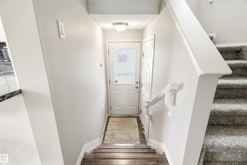 Carpeted staircase with white handrail and trim, leading to a landing with wood-finish flooring and a white exterior door featuring a window with grid pattern - 21384 88 Avenue, Edmonton, AB 