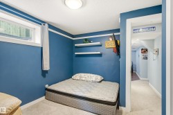 Bedroom featuring blue painted walls with white trim, a single window, two wall-mounted shelves, and light-colored carpet flooring - 