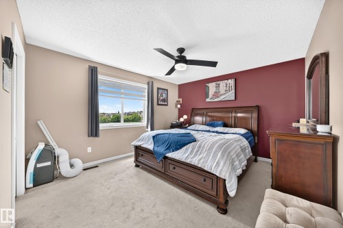Spacious bedroom featuring neutral wall tones, a bold accent wall, and light-colored carpeting - 3224 26 Street, Edmonton, AB 