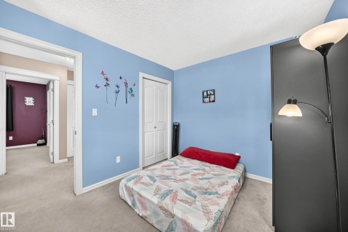 Bedroom featuring light blue walls, carpet flooring, and a white bi-fold closet door - 3224 26 Street, Edmonton, AB 