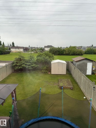 Expansive backyard featuring a manicured lawn, two storage sheds, a raised garden bed, and a wooden privacy fence - 3224 26 Street, Edmonton, AB 