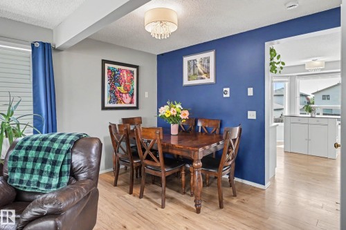 Dining area featuring wood-finish flooring, a decorative chandelier, and a blue accent wall - 2123 36 Avenue, Edmonton, AB - Indoor Photo Showing Dining Room
