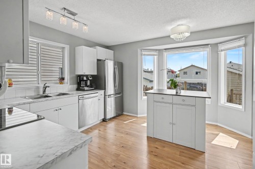 Bright kitchen featuring wood-finish flooring and white cabinetry - 2123 36 Avenue, Edmonton, AB - Indoor Photo Showing Kitchen With Stainless Steel Kitchen With Double Sink