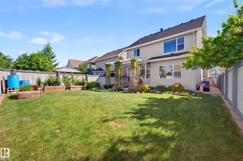 Expansive backyard featuring a lush lawn, raised garden beds, a pergola, and a privacy fence - 1310 82 Street, Edmonton, AB 