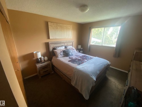 Brown wall paint with a window, dark carpeting, and a flush mount ceiling light - 5713 44A Street, Vegreville, AB 