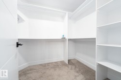 Spacious walk-in closet featuring built-in shelving, multiple hanging rods, and plush carpet flooring - 