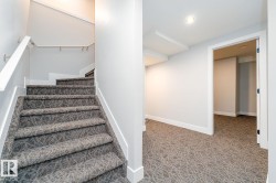 Staircase with patterned gray carpet, white risers, and a white handrail - 