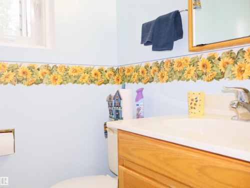 Bathroom vanity with a white countertop and wood-finish cabinetry - 58403 Rr 60, Rural Barrhead County, AB - Indoor Photo Showing Bathroom