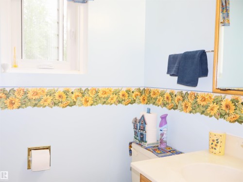 Light blue bathroom featuring a white framed window, sunflower-patterned wall border, a built-in toilet paper holder, and a vanity with an integrated sink - 58403 Rr 60, Rural Barrhead County, AB -  Photo Showing Bathroom