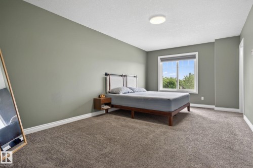 Bedroom featuring plush gray carpeting, neutral green walls, and white trim - 9628 221 Street, Edmonton, AB 