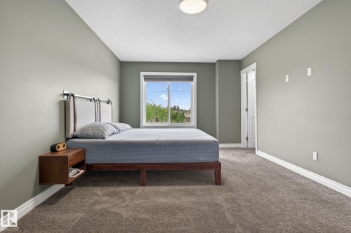 Bedroom featuring neutral-toned carpeting, a window with exterior views, and light green walls - 9628 221 Street, Edmonton, AB 