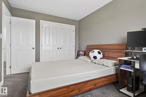 Bedroom featuring a wood-finish bed frame and headboard, light gray walls, gray carpeting, and white bi-fold closet doors - 9628 221 Street, Edmonton, AB 