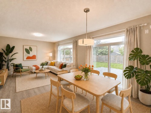 Open-concept living and dining area featuring wood-finish flooring, a contemporary pendant light fixture, and large sliding glass doors providing outdoor access - 22519 96 Avenue, Edmonton, AB 
