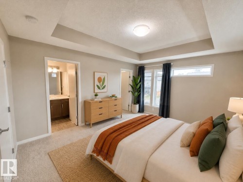 Bedroom featuring a tray ceiling, light-colored carpeting, and multiple windows - 22519 96 Avenue, Edmonton, AB 