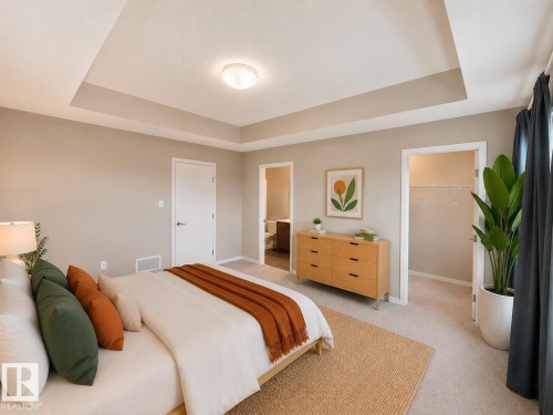 Spacious bedroom featuring a tray ceiling, neutral wall tones, and plush carpet flooring - 22519 96 Avenue, Edmonton, AB 