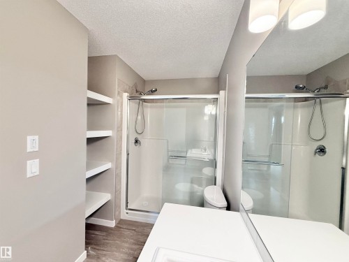 Shower enclosure with clear glass sliding doors and an integrated showerhead and handheld sprayer - 22519 96 Avenue, Edmonton, AB 