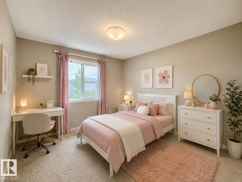 Carpeted room featuring a double-pane window, flush-mount ceiling light, built-in shelving, and neutral wall tones - 22519 96 Avenue, Edmonton, AB 