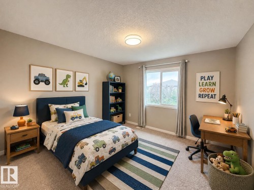 Bedroom featuring neutral wall paint, carpet flooring, a large window, a ceiling-mounted light fixture, and a built-in shelving unit - 22519 96 Avenue, Edmonton, AB 