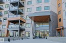 Modern building entrance featuring a wood-finish soffit, dark brick detailing, and large glass doors - 211 7463 May Common, Edmonton, AB 