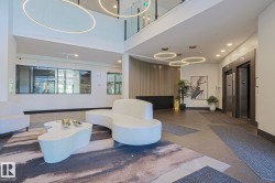 Grand lobby entrance featuring high ceilings and contemporary circular pendant lighting - 