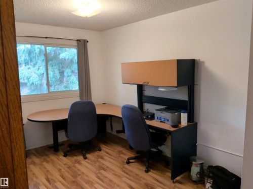 Room featuring wood-finish flooring, a window with exterior tree scenery, and a flush-mount ceiling light fixture - 2724 105 Street Nw, Edmonton, AB - Indoor Photo Showing Office