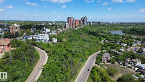Expansive aerial perspective showcasing a verdant landscape with mature trees, a meandering river, and distant urban skyline - 10173 93 Street, Edmonton, AB 