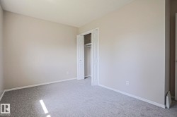 Neutral-toned room featuring light gray walls, white baseboards, and a textured gray carpet - 