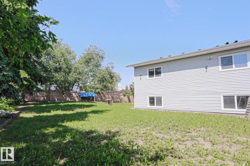 Expansive rear yard featuring green lawn, mature trees, and a wooden perimeter fence - 17811 62C Avenue, Edmonton, AB 