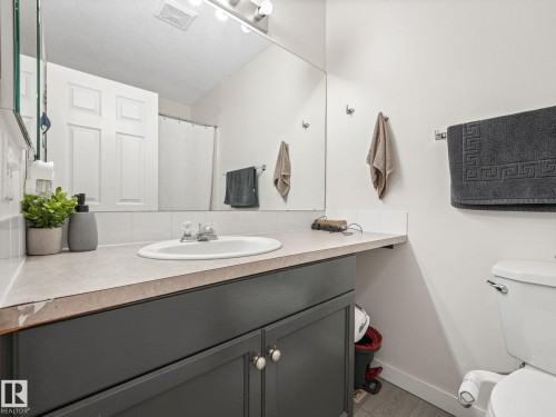 Bathroom vanity featuring a drop-in sink, dark cabinetry with chrome hardware, an expansive mirror, and overhead strip lighting - 18 230 Edwards Drive, Edmonton, AB 