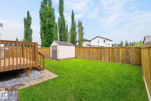 Expansive backyard featuring a lush green lawn, full privacy fencing, and a dedicated storage shed - 14016 161 Avenue, Edmonton, AB 