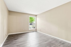 Spacious room featuring wood-finish flooring and neutral wall tones - 