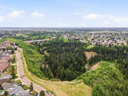 Aerial perspective showcasing a residential area bordered by expansive natural green spaces - 