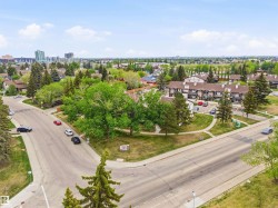 Aerial perspective showcasing a residential area with mature trees and a distant urban skyline - 