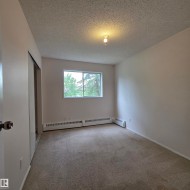 Neutral tone carpeting extends throughout this room, featuring a window with exterior tree scenery - 
