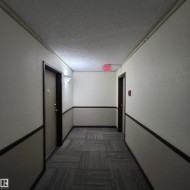 Hallway featuring textured walls with a two-tone paint scheme, patterned carpet tile flooring, and wall sconce lighting - 