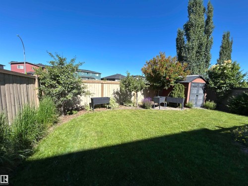 Expansive backyard with a manicured lawn, established perimeter landscaping, privacy fencing, and a functional storage shed - 324 Ash Close, Leduc, AB 