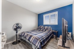 Bedroom featuring light wood-finish flooring, a bright window with horizontal blinds, and a contrasting accent wall - 