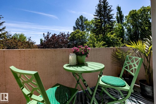 Exterior balcony featuring a textured stucco half-wall, a neutral-toned overhead soffit, and an outdoor area rug - 315 Osland Place, Edmonton, AB 