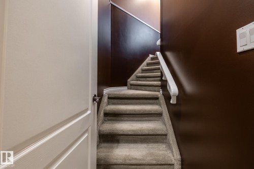Carpeted staircase featuring a white handrail, contrasting brown wall, and an adjacent white interior door with a chrome knob - 315 Osland Place, Edmonton, AB 