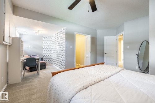 Carpeted room featuring a ceiling fan, light gray walls, and white trim - 315 Osland Place, Edmonton, AB 