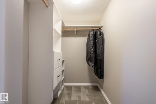 Walk-in closet featuring built-in white shelving, integrated drawers with dark hardware, natural wood-finish hanging rods, and neutral-toned carpet flooring - 315 Osland Place, Edmonton, AB 